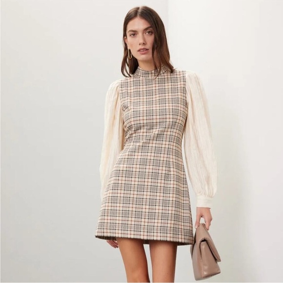 Sea Checkered Mini Dress with Cream Sleeves - Picture 1 of 3